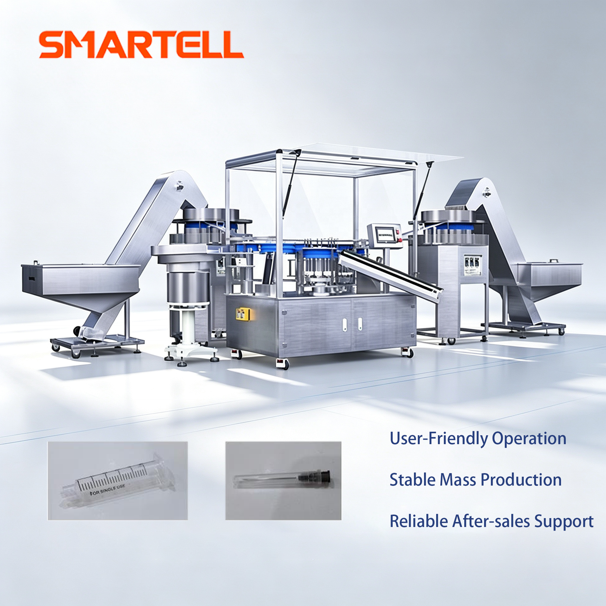 Машина для сборки обычных шприцев SMARTELL, состоящая из 3 частей 